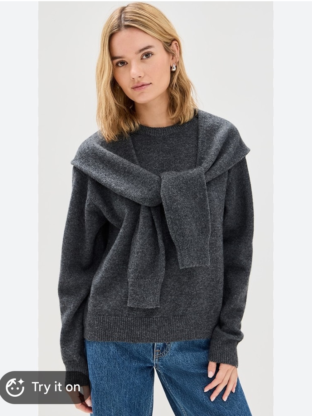Astr Charcoal Gray Crewneck Sweater with Front Tie Detail